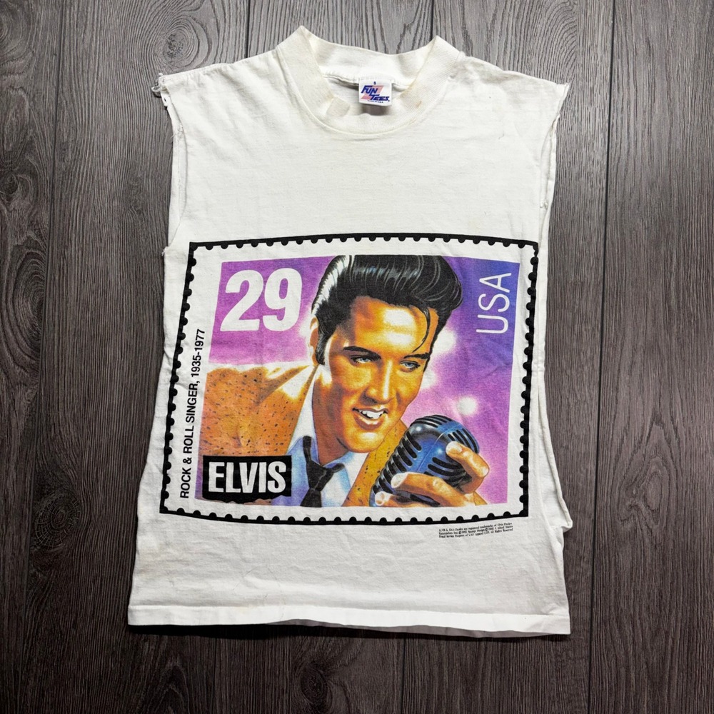 Vintage 1992 Elvis Presley Small 29 Cent Stamp Muscle Tee White Cut Off Shirt